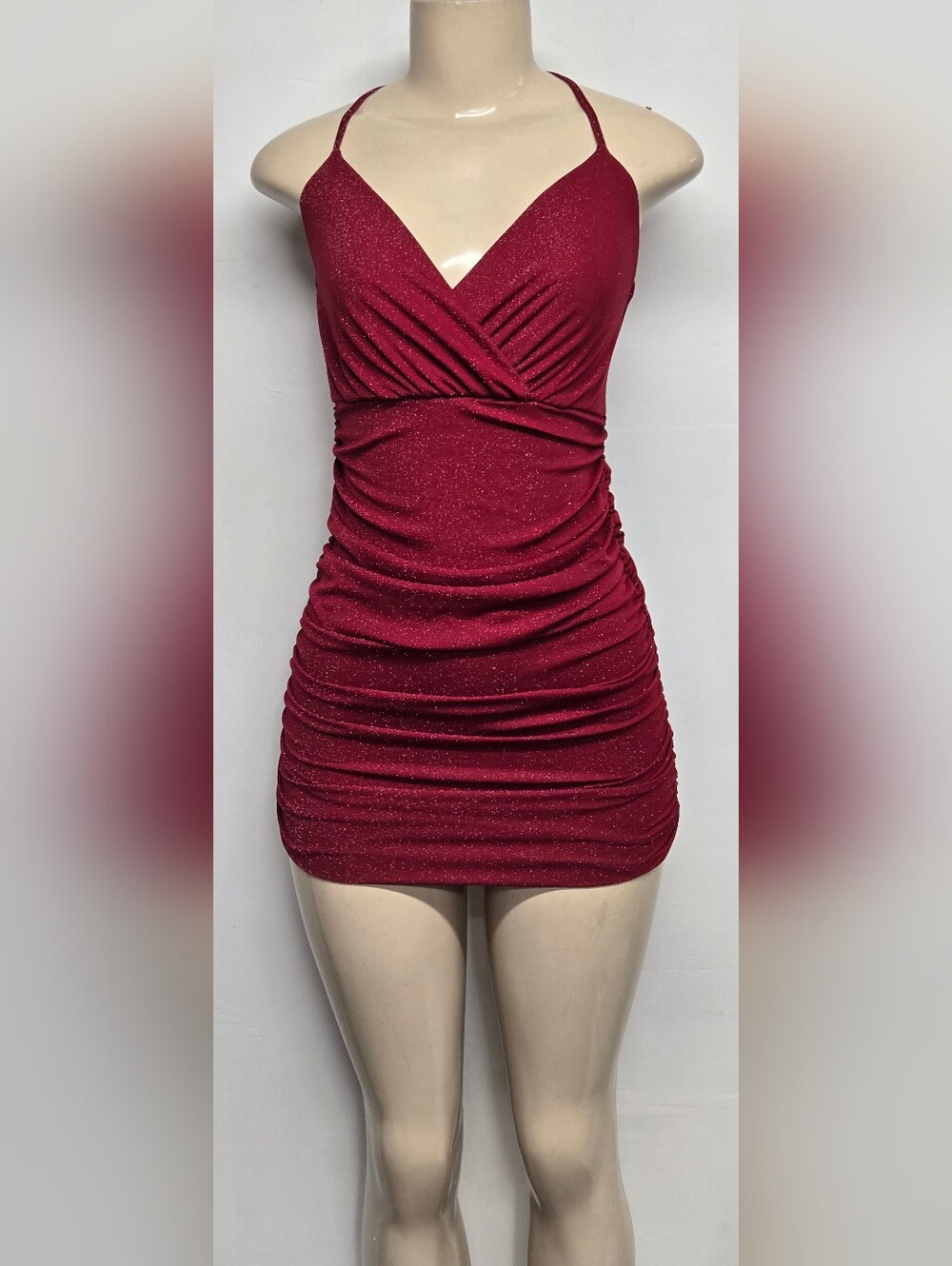 Shein XXS Red Metallic Bodycon Dress Spaghetti Straps Ruched Sides Stretch
